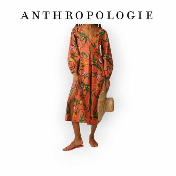 Anthropologie Pink Floral Prairie Cotton Boho Cottagecore Long Sleeve Maxi Dress - Picture 2 of 15